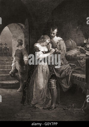 Sir Walter Raleigh Parting With His Wife.  19th century engraving after a painting by Emanuel Gottlieb Leutze (1816-1868).  Sir Walter Raleigh, 1554-1618. Illustration shows him shortly before his execution bidding farewell to his wife Elizabeth (nee Throckmorton), 1565-1647. Stock Photo