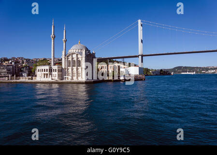 Istanbul, Turkey - April 21, 2016. Ortakoy mosque and bosphorus bridge in Istanbul Turkey. Stock Photo