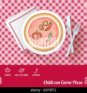 Chilli con carne pizza on a dish with icon ingredients and recipe name at bottom Stock Vector