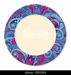 Hand drawn decorated saucer in boho style. Colorful image with doodle ornament. Template for decoration dishes,  plates Stock Vector