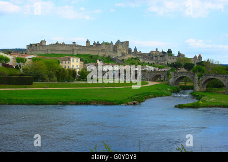 Pont Vieux over Aude River and general view ot the Medieval walled city of Carcassonne, Aude, Languedoc, France Stock Photo