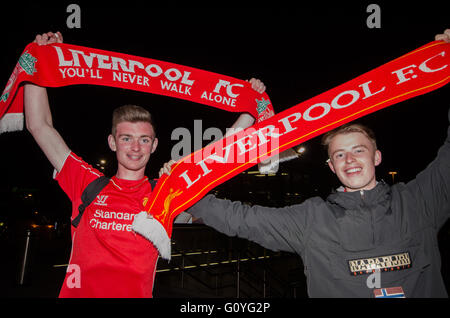 Liverpool, UK. 05th May, 2016. Liverpool Football Club secured a place in this year's UEFA Europa League final by beating Villareal at Anfield 3-0 ( 3-1 on aggregate) tonight. They will play Sevilla in the final in Basel, Switzerland on 18th May 2016. Credit:  rsdphotography/Alamy Live News