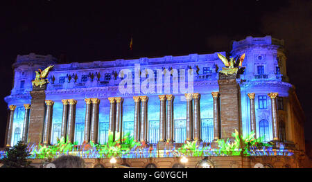 BUCHAREST, ROMANIA – 5 MAY 2016: Video mapping on the Cercul Militar National (The National Military Circle - Officers' Mess) as part of the Spotlight International Light Festival from Mindscape Studio, Romania. Credit:  Douglas MacKenzie/Alamy Live News Stock Photo