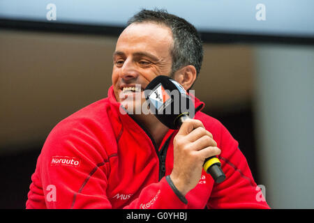 New York, United States. 05th May, 2016. Groupama Team France's skipper Franck Cammas participates in the press conference. The skippers of the six boats contending for the next Louis Vuitton America's Cup -- sports' oldest, continuously-awarded prize -- participated in a press conference at Brookfield Place in lower Manhattan moderated by sports anchor Bob Costas ahead of the coming New York City America's Cup World Series race on the Hudson River (May 7-8). Credit:  Albin Lohr-Jones/Pacific Press/Alamy Live News Stock Photo