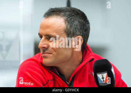 New York, United States. 05th May, 2016. Groupama Team France's skipper Franck Cammas participates in the press conference. The skippers of the six boats contending for the next Louis Vuitton America's Cup -- sports' oldest, continuously-awarded prize -- participated in a press conference at Brookfield Place in lower Manhattan moderated by sports anchor Bob Costas ahead of the coming New York City America's Cup World Series race on the Hudson River (May 7-8). Credit:  Albin Lohr-Jones/Pacific Press/Alamy Live News Stock Photo