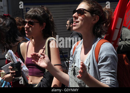 Athens, Greece. 6th May, 2016. Protesters chant slogans during a demonstration in Athens, Greece, on May 6, 2016. Greece's labour unions staged a general strike to protest against controversial government plans to overhaul pensions and increase taxes to meet demands of its bailout creditors. Credit:  Marios Lolos/Xinhua/Alamy Live News