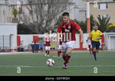 Gibraltar - 6th May 2016 - Lincoln Red Imps were officially crowned as the Gibraltar Football League Champions for the 14th consecutive season. Lincoln who led the table with 8 pointshad already claimed the title with last weeks win. They nevertheless added a further 3 points to their tally beating Manchester 62 4-0. Lincoln Red Imps will now play in the UEFA Champions League first round qualifiers.They received their 14th league title shield after the match. Credit:  Stephen Ignacio/Alamy Live News Stock Photo