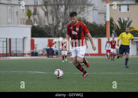 Gibraltar - 6th May 2016 - Lincoln Red Imps were officially crowned as the Gibraltar Football League Champions for the 14th consecutive season. Lincoln who led the table with 8 pointshad already claimed the title with last weeks win. They nevertheless added a further 3 points to their tally beating Manchester 62 4-0. Lincoln Red Imps will now play in the UEFA Champions League first round qualifiers.They received their 14th league title shield after the match. Credit:  Stephen Ignacio/Alamy Live News Stock Photo