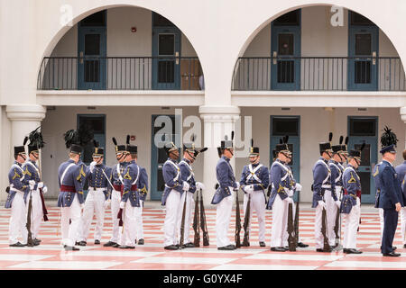 Graduating senior cadets in formal dress uniform prepare for the Long Grey Line graduation parade at the Citadel military college May 6, 2016 in Charleston, SC. The Long Grey Line has been performed at the Citadel since 1842 and honors the graduating seniors. Stock Photo