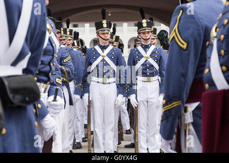 Graduating senior cadets in formal dress uniform prepare for the Long Grey Line graduation parade at the Citadel military college May 6, 2016 in Charleston, SC. The Long Grey Line has been performed at the Citadel since 1842 and honors the graduating seniors. Stock Photo