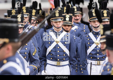 Graduating senior cadets in formal dress uniform prepare for the Long Grey Line graduation parade at the Citadel military college May 6, 2016 in Charleston, SC. The Long Grey Line has been performed at the Citadel since 1842 and honors the graduating seniors. Stock Photo