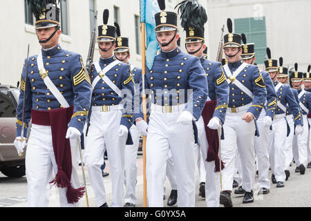 Graduating senior cadets in formal dress uniform take part in the Long Grey Line graduation parade at the Citadel military college May 6, 2016 in Charleston, SC. The Long Grey Line has been performed at the Citadel since 1842 and honors the graduating seniors. Stock Photo