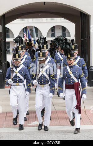 Graduating senior cadets in formal dress uniform take part in the Long Grey Line graduation parade at the Citadel military college May 6, 2016 in Charleston, SC. The Long Grey Line has been performed at the Citadel since 1842 and honors the graduating seniors. Stock Photo