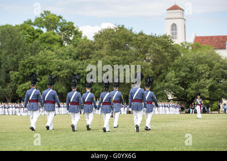 Graduating senior cadets in formal dress uniform march onto the parade ground for the Long Grey Line graduation parade at the Citadel military college May 6, 2016 in Charleston, SC. The Long Grey Line has been performed at the Citadel since 1842 and honors the graduating seniors. Stock Photo