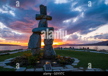 Inuit sculpture, Inukshuk, English Bay, Vancouver, British Columbia, Canada Stock Photo