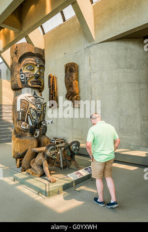 First Nations totem pole and carvings, MOA, Museum of Anthropology, University of British Columbia, Vancouver, British Columbia, Stock Photo