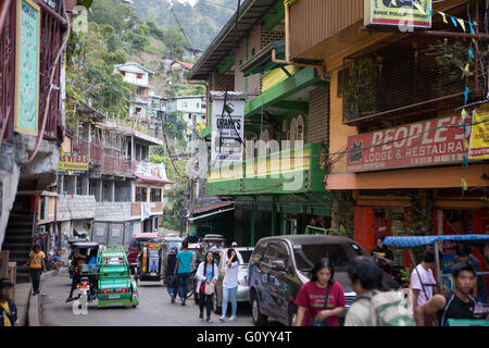 Street view of main accommodation area favoured by tourists in Banaue town,Cordilleras,Philippines Stock Photo