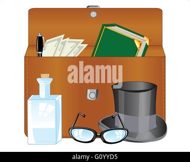 Open briefcase and hat on white background is insulated Stock Vector