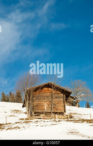 Shed with blue sky background in Lenk, Simmental, Switzerland Stock Photo