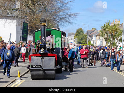 People admiring the steam engines at the annual Trevithick day celebrations in Camborne, Cornwall, England, UK Stock Photo