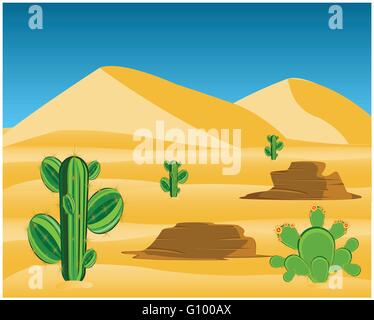 Vector illustration to wild desert with cactus Stock Vector