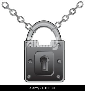Big door lock on chain from metal Stock Vector