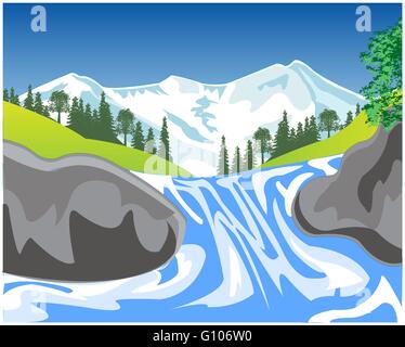 The Beautiful mountain landscape with waterfall.Vector illustration Stock Vector