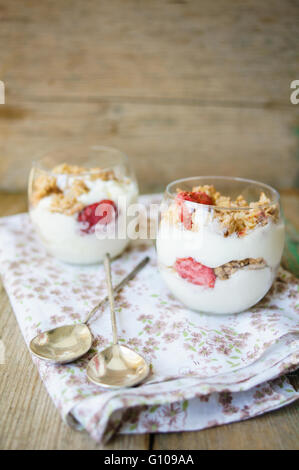 Healthy breakfast with muslie and milk, selective focus Stock Photo