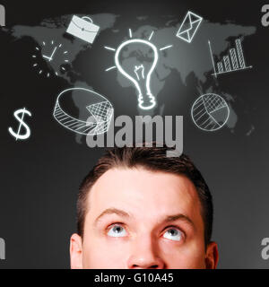 male head with business icons Stock Photo