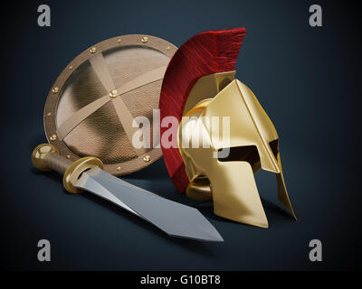 Ancient Greek helmet, shield and sword on black background Stock Photo