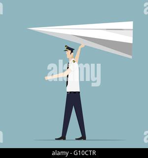 Airline Pilot launches paper airplane. Stock Vector