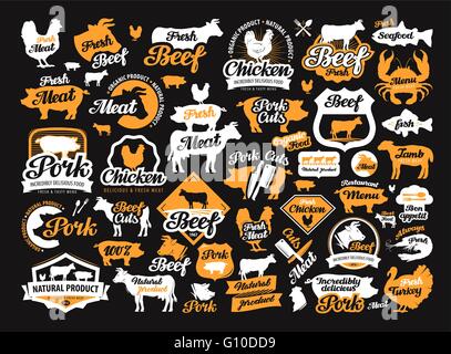 vector set of food, meat labels, logos, icons, design elements Stock Vector
