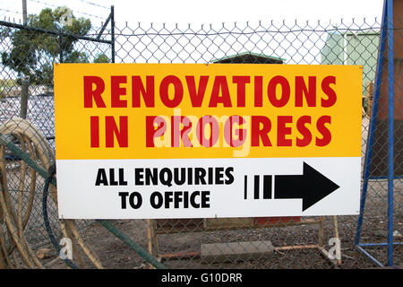 Renovation in Progress signboard against the fence Stock Photo