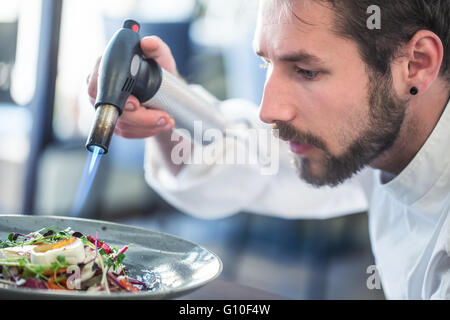 Chef in hotel or restaurant kitchen cooking, only hands. He is working on the micro herb decoration. Stock Photo