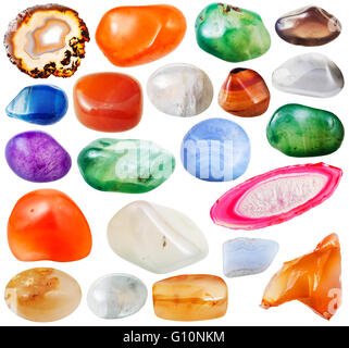set of various crystalline agate natural mineral stones and gemstones isolated on white background Stock Photo