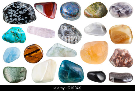set of various polished natural mineral stones and gemstones - howlite, turquenite, obsidian, unakite, epidosite, apatite, leopa Stock Photo