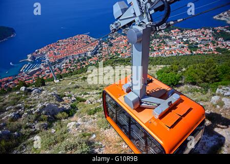 Dubrovnik Cable Car, a 4-minute ride transports visitors 778 meters to a plateau offering Old City views & a restaurant. Stock Photo