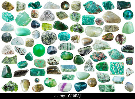 set of green mineral stones, crystals and gemstones isolated on white background Stock Photo