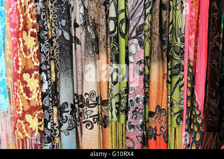 Colorful scarves in an outdoor shop within the Christian Quarter in Jerusalem, Israel.  Also known as the Muristan. Stock Photo