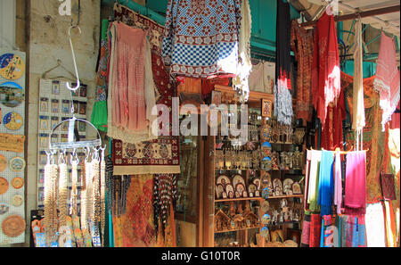 Colorful outdoor shop along the street within the Christian Quarter in Jerusalem, Israel.  Also known as the Muristan. Stock Photo