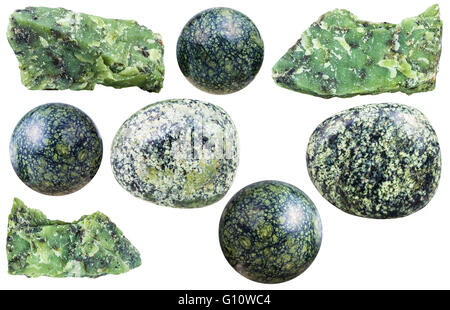 set of various serpentine natural mineral stones and gemstones isolated on white background Stock Photo