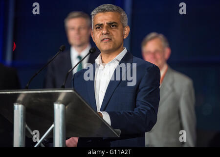 London, UK. 7th May, 2016. Sadiq Khan makes his victory speech at City Hall after being elected as Mayor of London. He becomes London's first Muslim mayor after beating his nearest rival, the Conservative candidate Zac Goldsmith, by 1,310,143 votes to 994,614. Credit:  Mark Kerrison/Alamy Live News Stock Photo