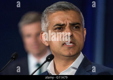 London, UK. 7th May, 2016. Sadiq Khan makes his victory speech at City Hall after being elected as Mayor of London. He becomes London's first Muslim mayor after beating his nearest rival, the Conservative candidate Zac Goldsmith, by 1,310,143 votes to 994,614. Credit:  Mark Kerrison/Alamy Live News Stock Photo