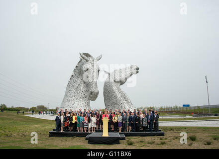 Grangemouth, Falkirk, UK. 07th May, 2016. Saturday 7th of May 2016: First Minister Nicola Sturgeon was joined by the SNP's newly elected members of the Scottish Parliament at the Kelpies at lunchtime today after securing the party's unprecedented third consecutive election victory. Credit:  Andrew O'Brien/Alamy Live News Stock Photo