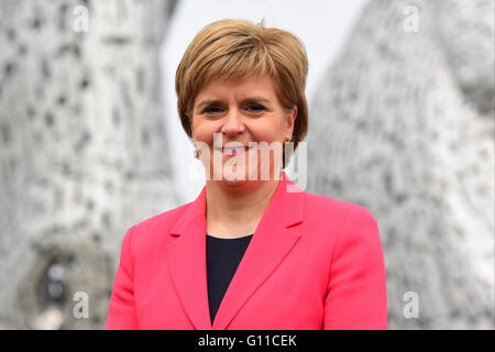 Falkirk, Scotland, United Kingdom, 07, May, 2016. SNP leader and Scottish First Minister Nicola Sturgeon pictured at a photocall against the the backdrop of 'The Kelpies' sculpture in Falkirk,following the Scottish Parliament elections, Credit:  Ken Jack / Alamy Live News Stock Photo