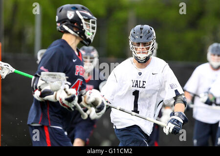 Stevenson-Pincince Field. 6th May, 2016. RI, USA; Yale Bulldogs defenseman Reilly Naton (1) defends during the first half of the NCAA Ivy League Tournament Lacrosse game between Penn Quakers and Yale Bulldogs at Stevenson-Pincince Field. Yale defeated Penn 7-6. Anthony Nesmith/Cal Sport Media/Alamy Live News Stock Photo
