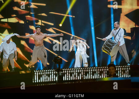 Stockholm, Sweden. 6th May 2016. Argo from Greece are rehearsing their song 'Utopian Land' for the first semi final of the ESC. Stock Photo