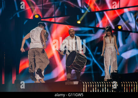 Stockholm, Sweden. 6th May 2016. Argo from Greece are rehearsing their song 'Utopian Land' for the first semi final of the ESC. Stock Photo