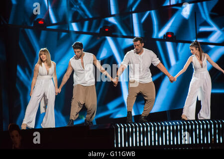 Stockholm, Sweden. 6th May 2016. Argo from Greece are rehearsing their song 'Utopian Land' for the first semi final of the ESC. Stock Photo