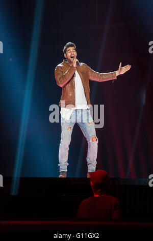 Stockholm, Sweden. 6th May 2016. Singer Freddie from Hungary is rehearsing hissong 'Pioneer' for the first semi final of the ESC. Stock Photo